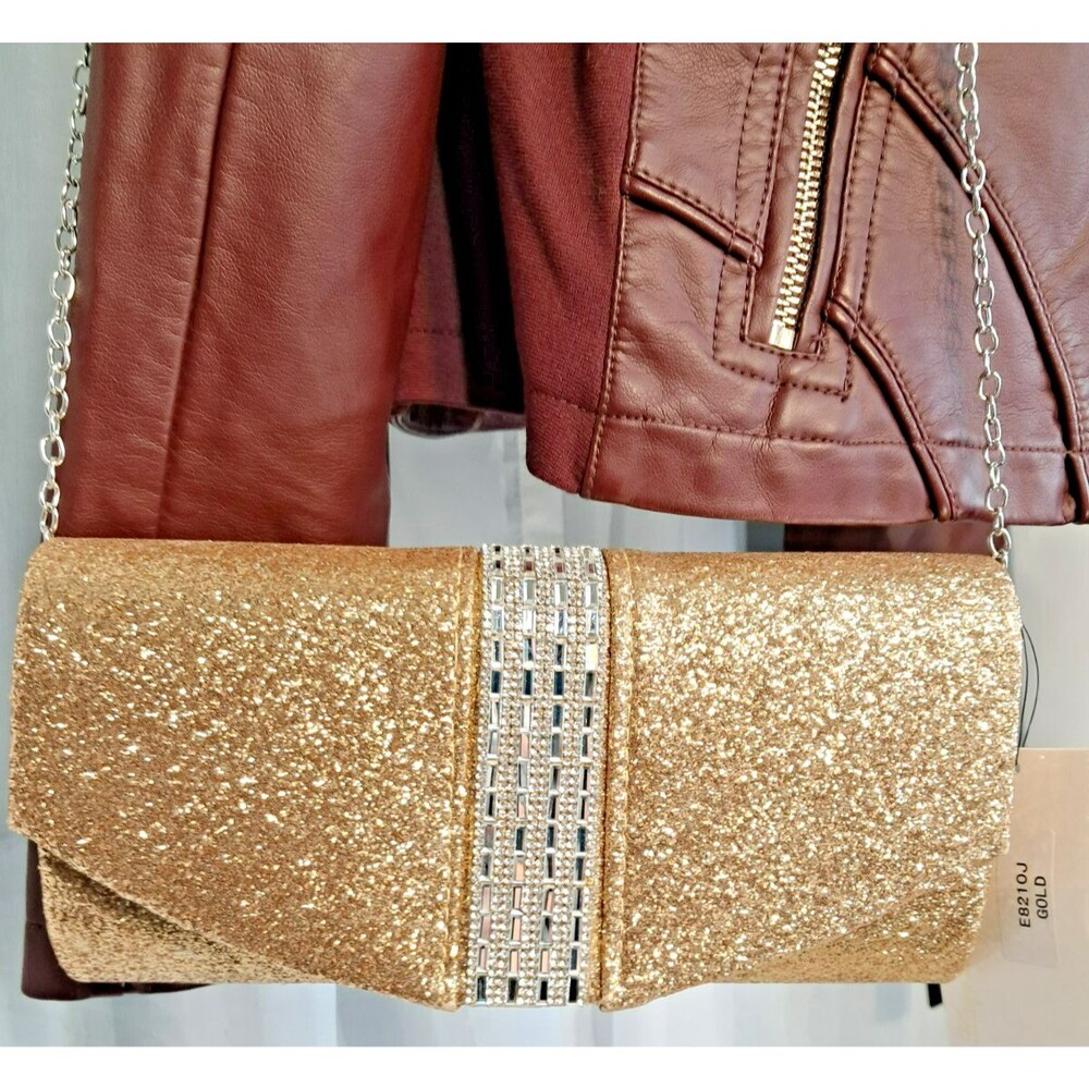 NWT Sasha New York Gold Glitter Silver Rhinestone Envelope Clutch Evening Purse